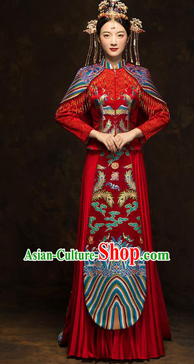 China Wedding Red Toast Dress Classical Phoenix Painting Xiuhe Suits Traditional Bride Costumes