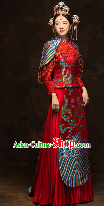 China Wedding Red Toast Dress Classical Phoenix Painting Xiuhe Suits Traditional Bride Costumes
