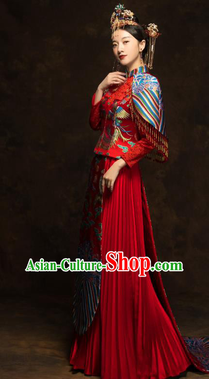 China Wedding Red Toast Dress Classical Phoenix Painting Xiuhe Suits Traditional Bride Costumes