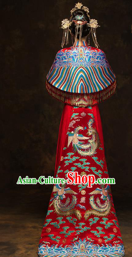 China Wedding Red Toast Dress Classical Phoenix Painting Xiuhe Suits Traditional Bride Costumes
