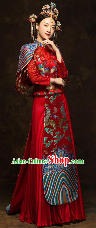 China Wedding Red Toast Dress Classical Phoenix Painting Xiuhe Suits Traditional Bride Costumes