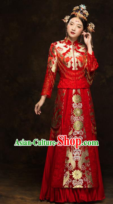 China Traditional Bride Costumes Wedding Red Toast Dress Classical Tassel Xiuhe Suits