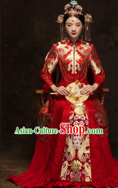 China Traditional Bride Costumes Wedding Red Toast Dress Classical Tassel Xiuhe Suits