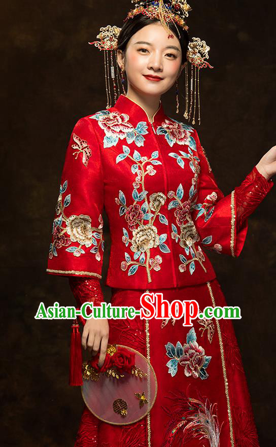 China Classical Embroidered Phoenix Peony Xiuhe Suits Traditional Bride Costumes Wedding Red Toast Dress