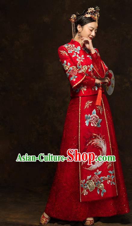 China Classical Embroidered Phoenix Peony Xiuhe Suits Traditional Bride Costumes Wedding Red Toast Dress