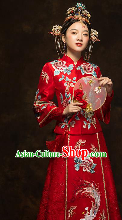 China Classical Embroidered Phoenix Peony Xiuhe Suits Traditional Bride Costumes Wedding Red Toast Dress