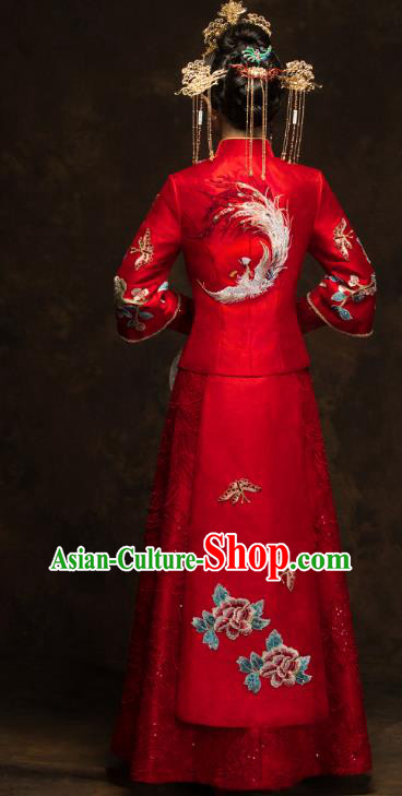 China Classical Embroidered Phoenix Peony Xiuhe Suits Traditional Bride Costumes Wedding Red Toast Dress