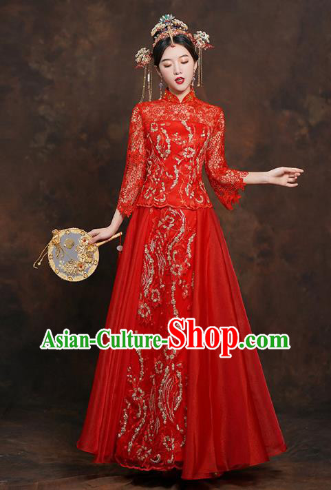 China Classical Bride Costumes Toast Dress Traditional Wedding Red Lace Xiuhe Suits