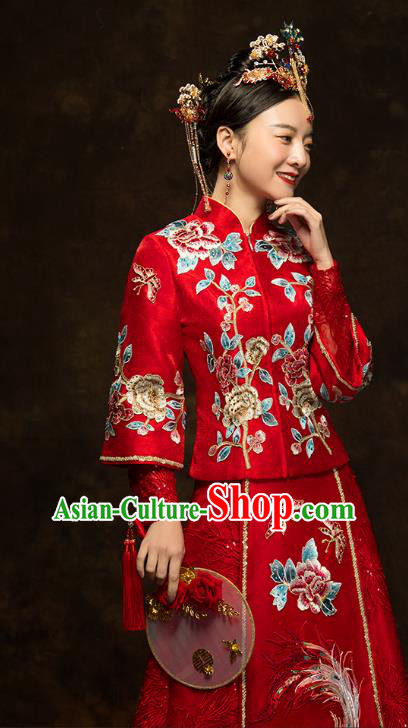 China Classical Embroidered Phoenix Peony Xiuhe Suits Traditional Bride Costumes Wedding Red Toast Dress