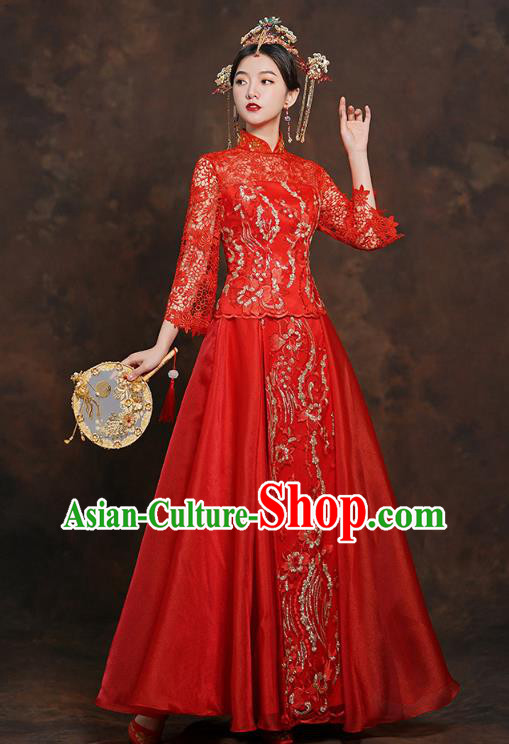China Classical Bride Costumes Toast Dress Traditional Wedding Red Lace Xiuhe Suits