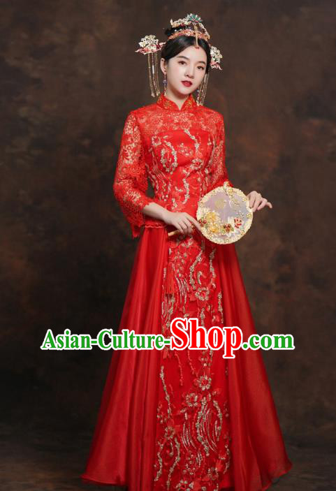 China Classical Bride Costumes Toast Dress Traditional Wedding Red Lace Xiuhe Suits