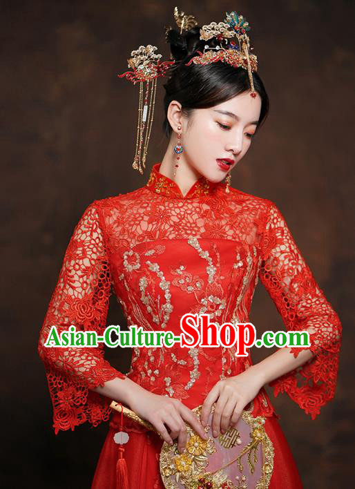 China Classical Bride Costumes Toast Dress Traditional Wedding Red Lace Xiuhe Suits