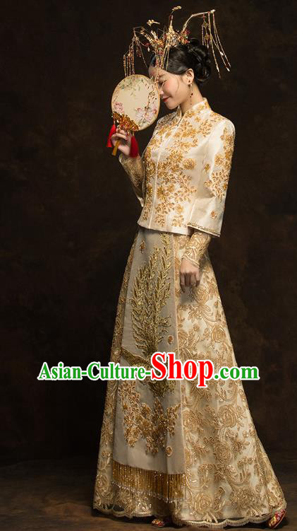 China Traditional Bride Costumes Wedding Toast Dress Classical Embroidered Phoenix Golden Xiuhe Suits