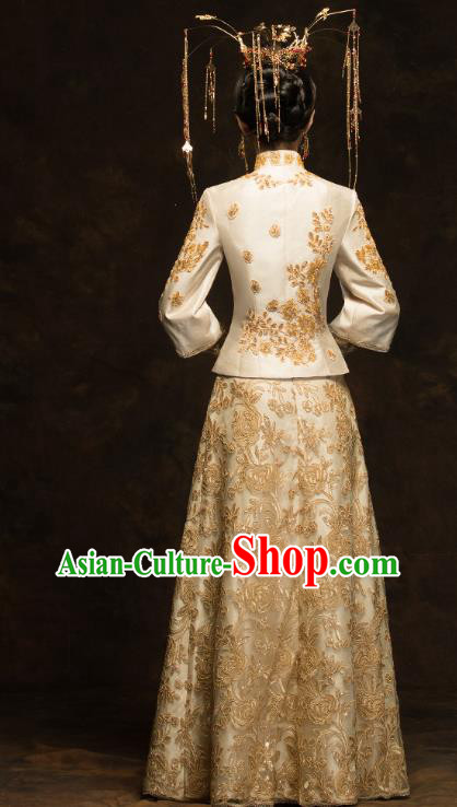 China Traditional Bride Costumes Wedding Toast Dress Classical Embroidered Phoenix Golden Xiuhe Suits