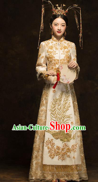 China Traditional Bride Costumes Wedding Toast Dress Classical Embroidered Phoenix Golden Xiuhe Suits