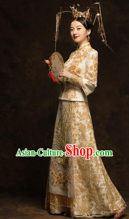 China Traditional Bride Costumes Wedding Toast Dress Classical Embroidered Phoenix Golden Xiuhe Suits