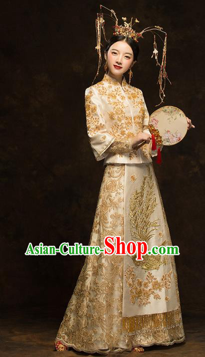 China Traditional Bride Costumes Wedding Toast Dress Classical Embroidered Phoenix Golden Xiuhe Suits