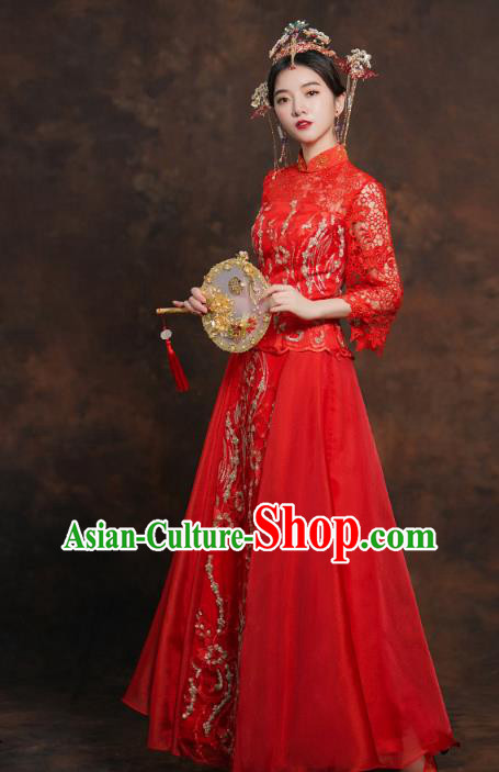 China Classical Bride Costumes Toast Dress Traditional Wedding Red Lace Xiuhe Suits