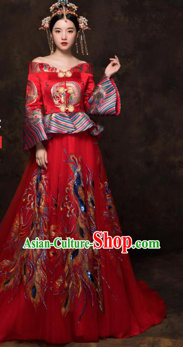 China Classical Embroidered Blouse and Skirt Traditional Bride Xiuhe Suit Costumes Wedding Toast Trailing Dress