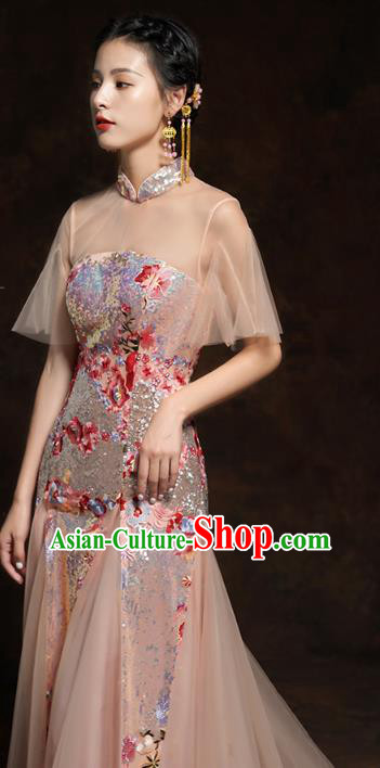 Chinese Traditional Wedding Bride Champagne Veil Cheongsam Clothing Classical Embroidered Sequins Toast Dress