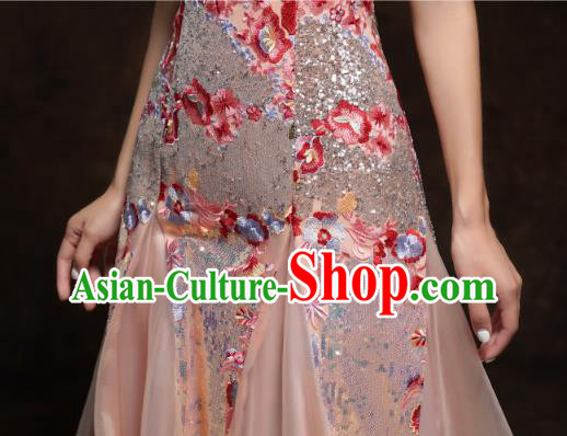Chinese Traditional Wedding Bride Champagne Veil Cheongsam Clothing Classical Embroidered Sequins Toast Dress