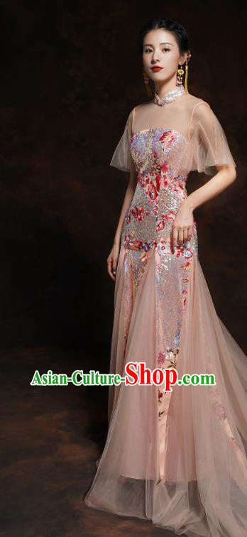 Chinese Traditional Wedding Bride Champagne Veil Cheongsam Clothing Classical Embroidered Sequins Toast Dress