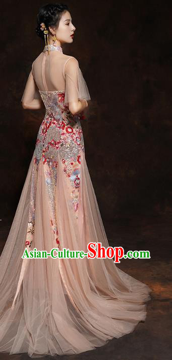 Chinese Traditional Wedding Bride Champagne Veil Cheongsam Clothing Classical Embroidered Sequins Toast Dress