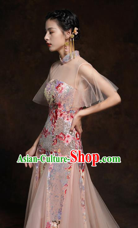 Chinese Traditional Wedding Bride Champagne Veil Cheongsam Clothing Classical Embroidered Sequins Toast Dress
