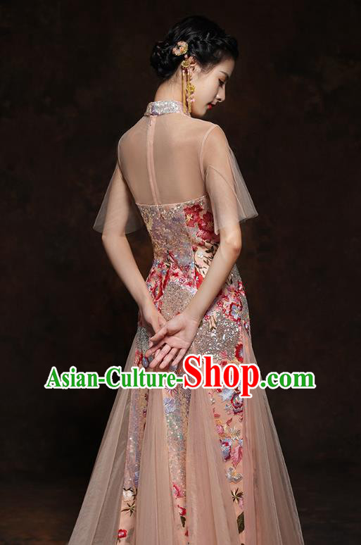 Chinese Traditional Wedding Bride Champagne Veil Cheongsam Clothing Classical Embroidered Sequins Toast Dress