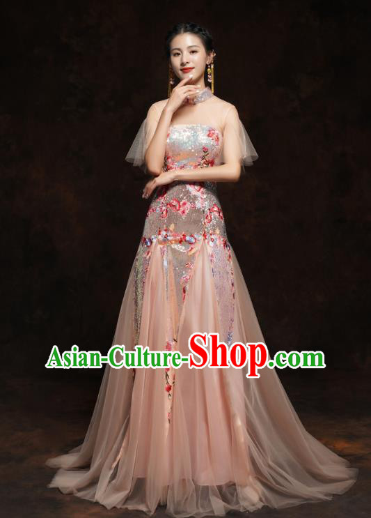 Chinese Traditional Wedding Bride Champagne Veil Cheongsam Clothing Classical Embroidered Sequins Toast Dress