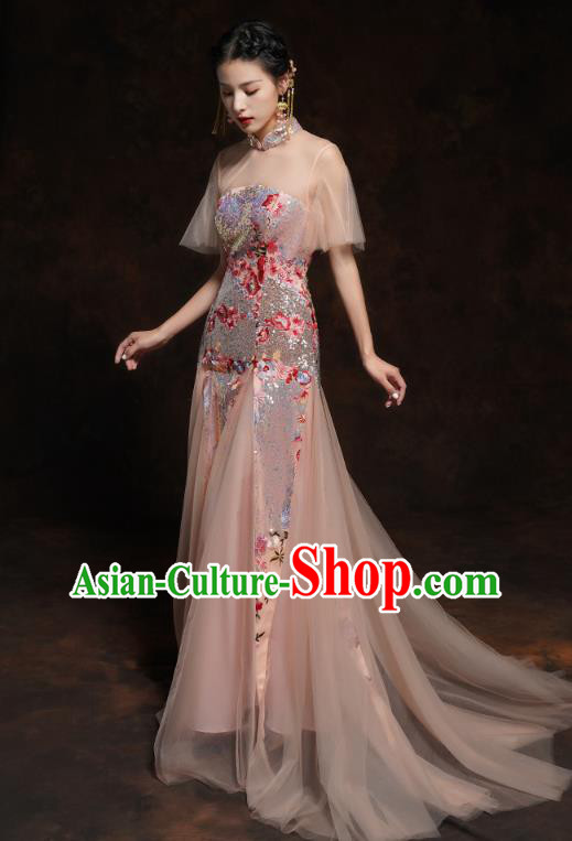 Chinese Traditional Wedding Bride Champagne Veil Cheongsam Clothing Classical Embroidered Sequins Toast Dress