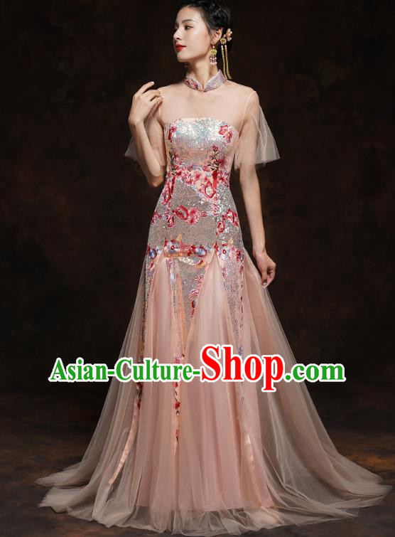 Chinese Traditional Wedding Bride Champagne Veil Cheongsam Clothing Classical Embroidered Sequins Toast Dress