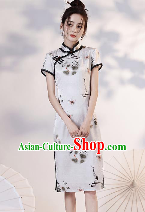 Chinese Young Lady Short Cheongsam Clothing Modern Dance Printing Cranes White Qipao Dress