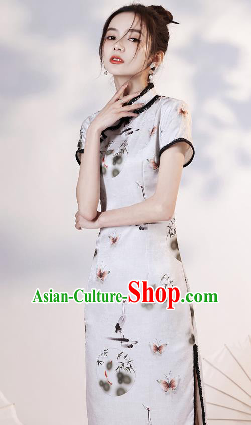 Chinese Young Lady Short Cheongsam Clothing Modern Dance Printing Cranes White Qipao Dress