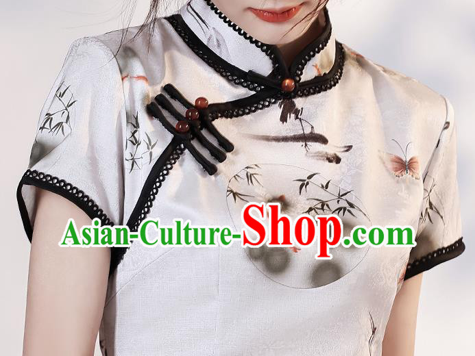 Chinese Young Lady Short Cheongsam Clothing Modern Dance Printing Cranes White Qipao Dress
