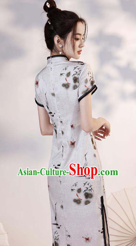 Chinese Young Lady Short Cheongsam Clothing Modern Dance Printing Cranes White Qipao Dress