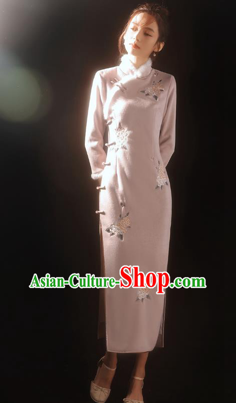 China Traditional Winter Pink Woolen Qipao Dress National Stage Performance Embroidered Cheongsam