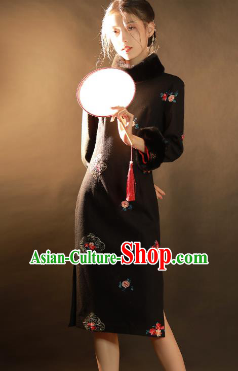 China Traditional Winter Woman Qipao Dress National Classical Dance Embroidered Black Woolen Cheongsam