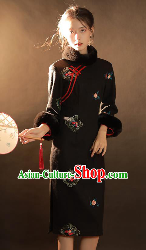 China Traditional Winter Woman Qipao Dress National Classical Dance Embroidered Black Woolen Cheongsam