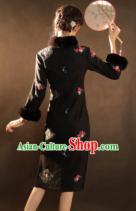 China Traditional Winter Woman Qipao Dress National Classical Dance Embroidered Black Woolen Cheongsam