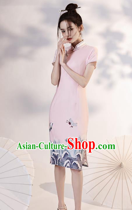 Chinese Young Lady Printing Wave Crane Cheongsam Clothing Modern Dance Pink Short Qipao Dress