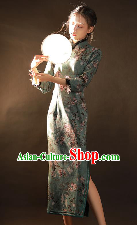 China Traditional Printing Green Woolen Qipao Dress National Winter Classical Dance Cheongsam