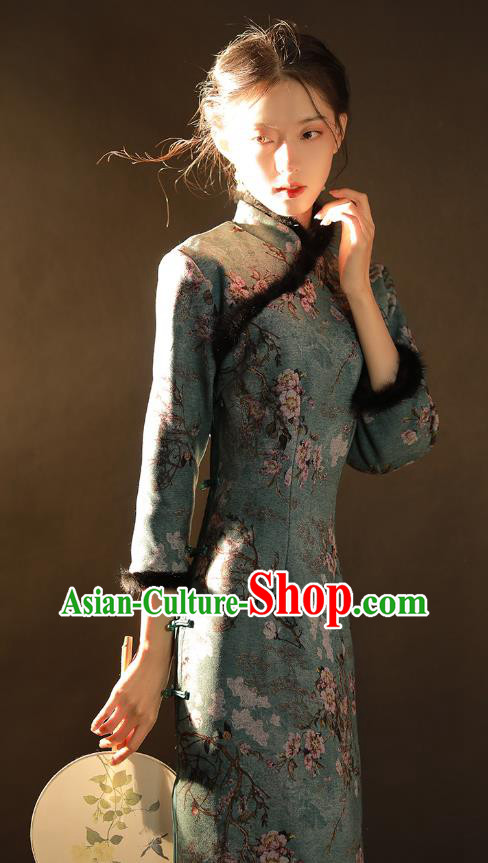 China Traditional Printing Green Woolen Qipao Dress National Winter Classical Dance Cheongsam