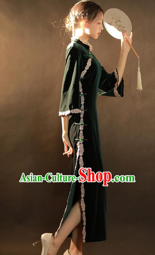 China Traditional Atrovirens Velvet Qipao Dress National Young Woman Classical Dance Cheongsam