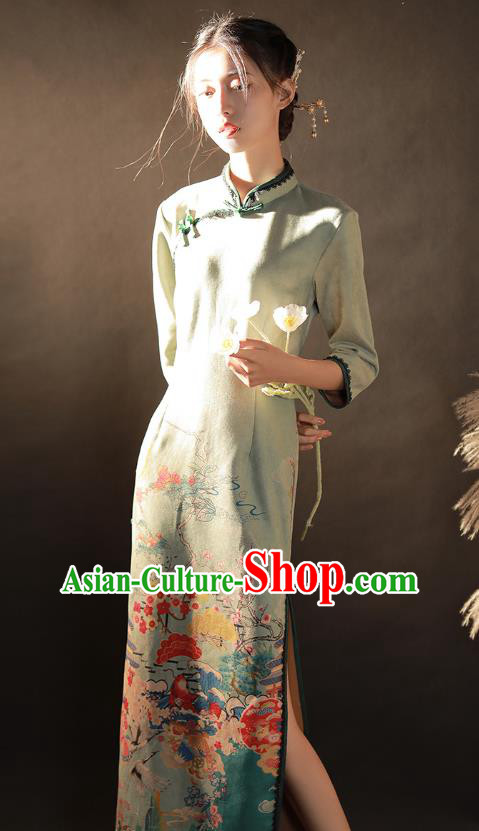 China Traditional Printing Light Green Suede Fabric Qipao Dress National Young Woman Cheongsam