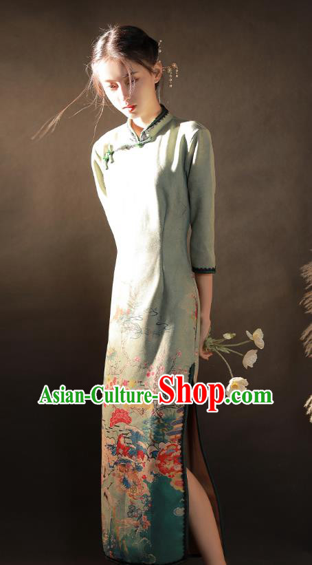 China Traditional Printing Light Green Suede Fabric Qipao Dress National Young Woman Cheongsam