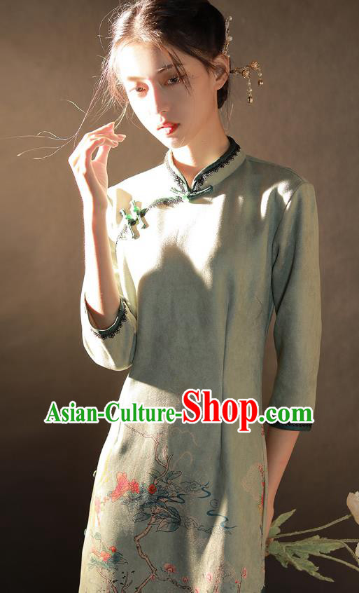 China Traditional Printing Light Green Suede Fabric Qipao Dress National Young Woman Cheongsam