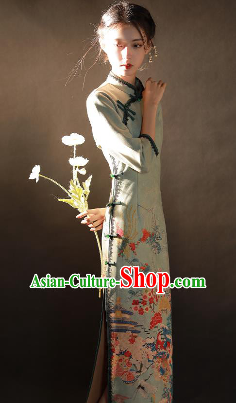 China Traditional Printing Light Green Suede Fabric Qipao Dress National Young Woman Cheongsam