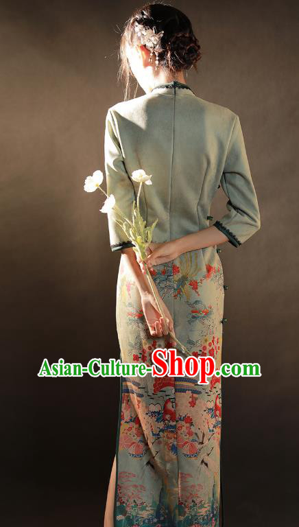 China Traditional Printing Light Green Suede Fabric Qipao Dress National Young Woman Cheongsam
