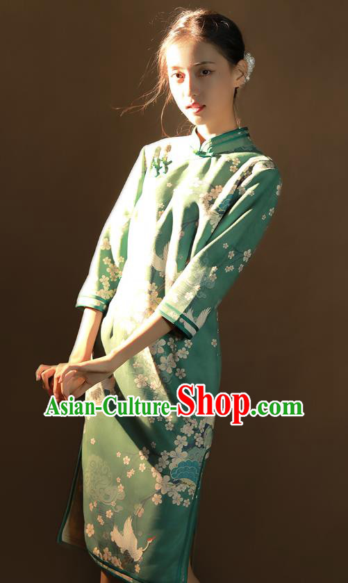China Traditional Printing Plum Blossom Qipao Dress National Young Woman Green Suede Fabric Cheongsam